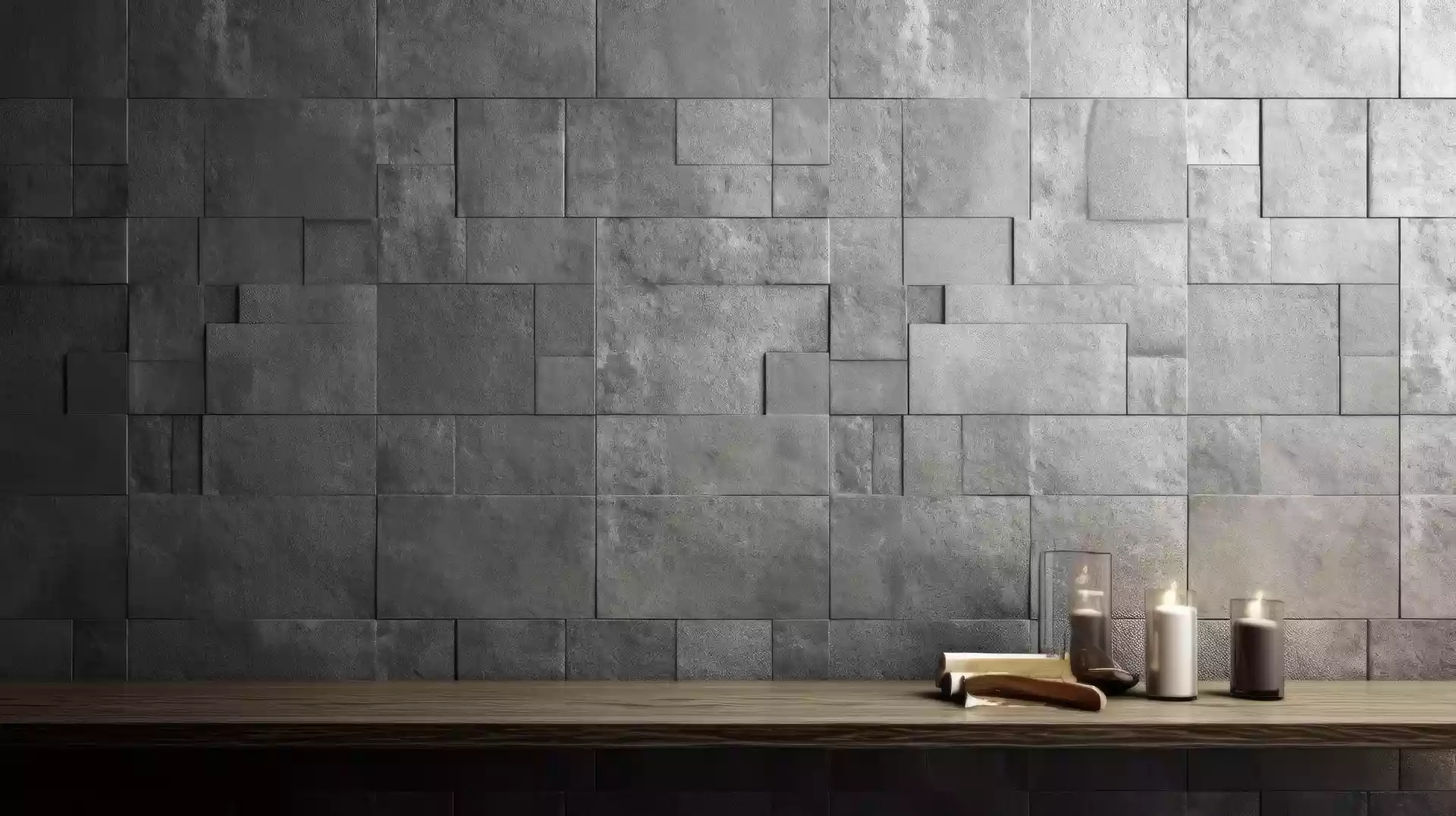 mur recouvert de blocs de carreaux gris et d'un bougeoir.